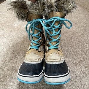 Sorel Joan of Arctic Curry Turquoise lace up fur lined snow boots women's T31